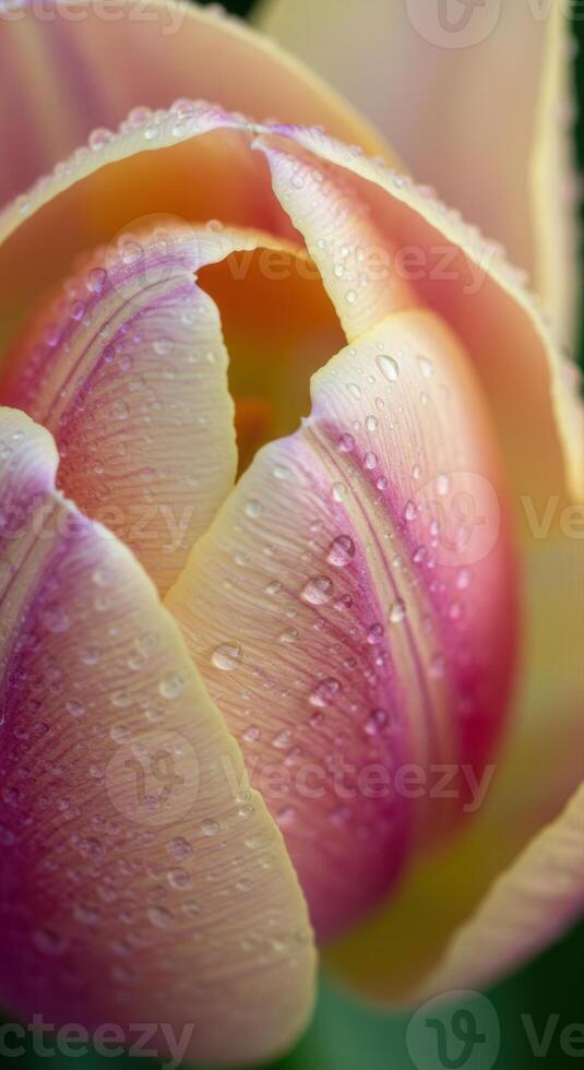 Stunning close-up of a vibrant tulip with water droplets, capturing spring's beauty. photo