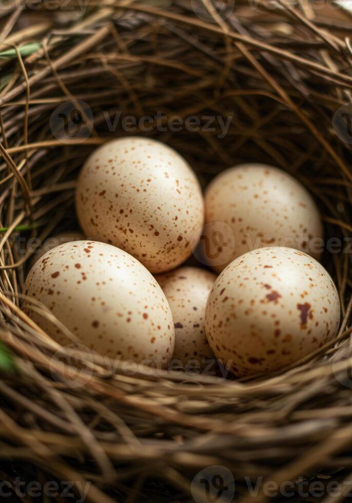 A close-up view showcases a nest filled with speckled bird eggs, brimming with potential. photo