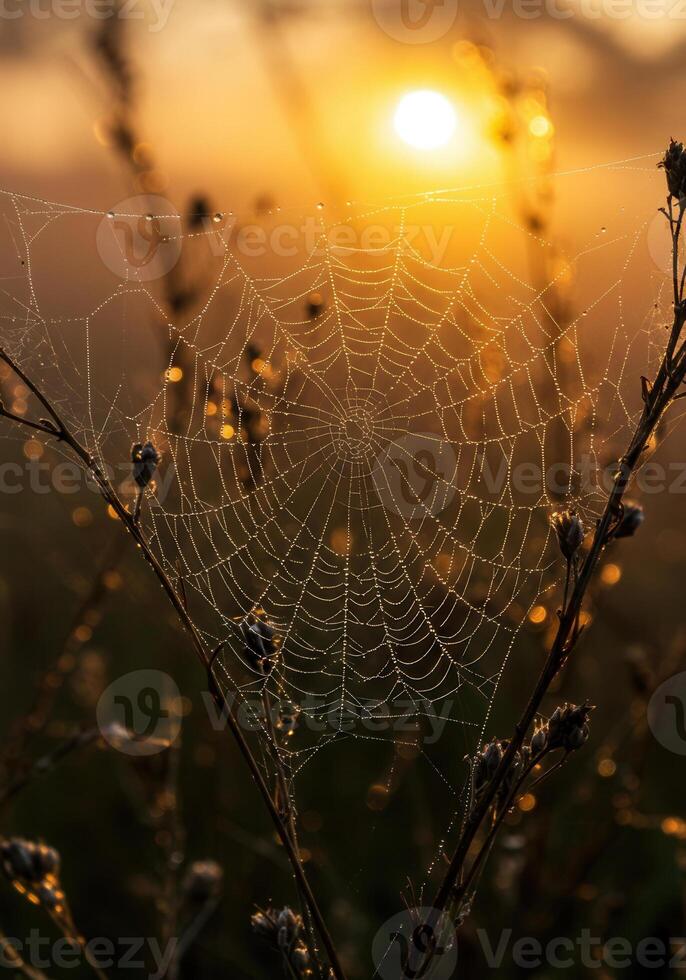 A mesmerizing spiderweb, sparkling with dew, beautifully lit by the morning sun. photo