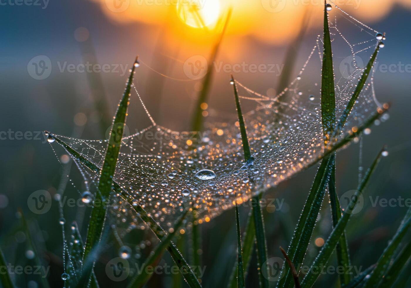 A stunning macro photograph featuring a dew-covered spider web in the morning light. photo