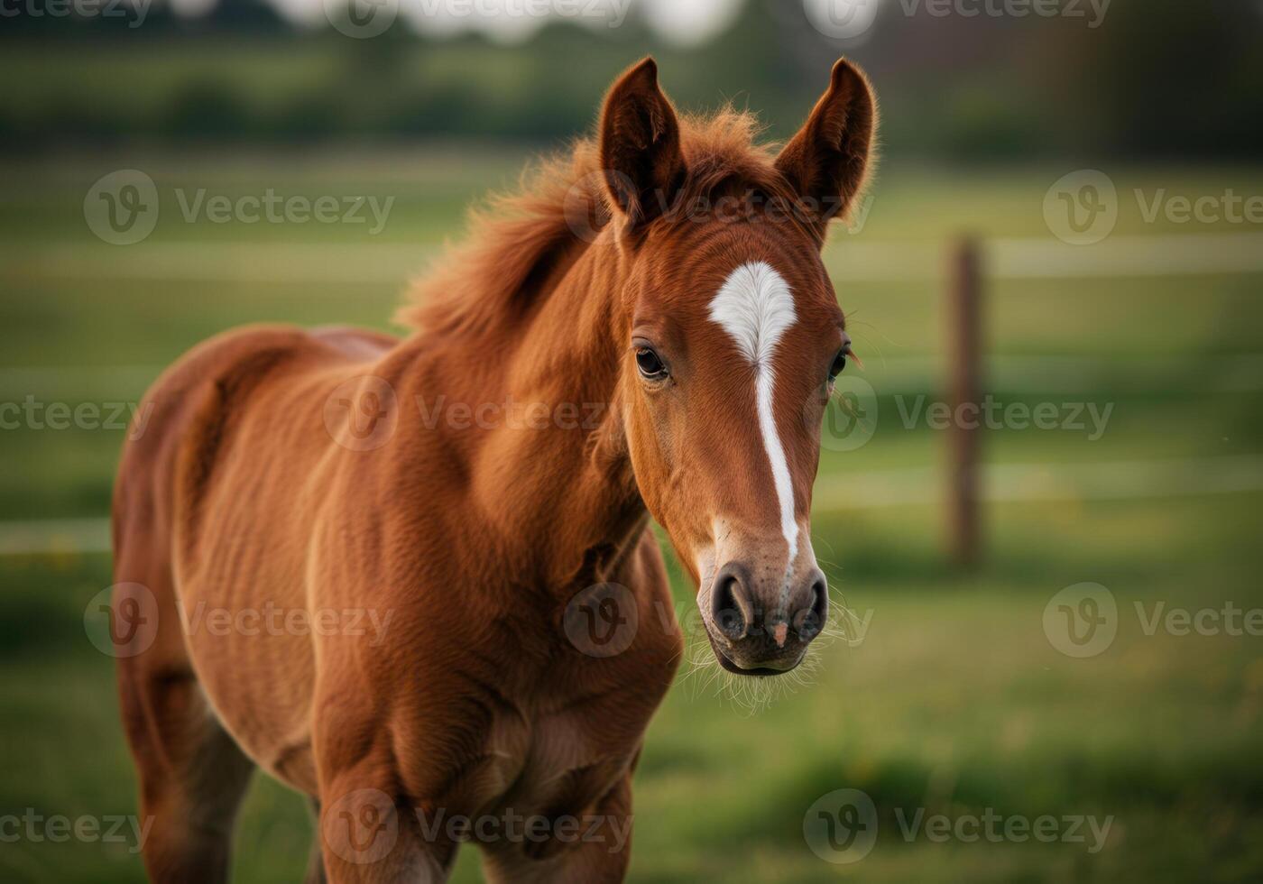 A charming young foal with a white blaze gazes towards the camera in a field. photo