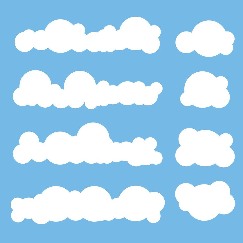 Flat cloud. Simple cloudy shapes. Cartoon white puffy, fluffy and cumulus clouds in blue sky. Abstract comic vector