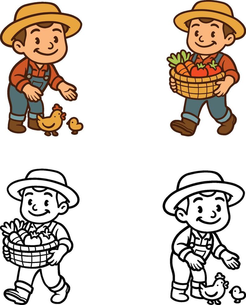 Hand drawn farmer character set with chicken and basket full vegetables vector
