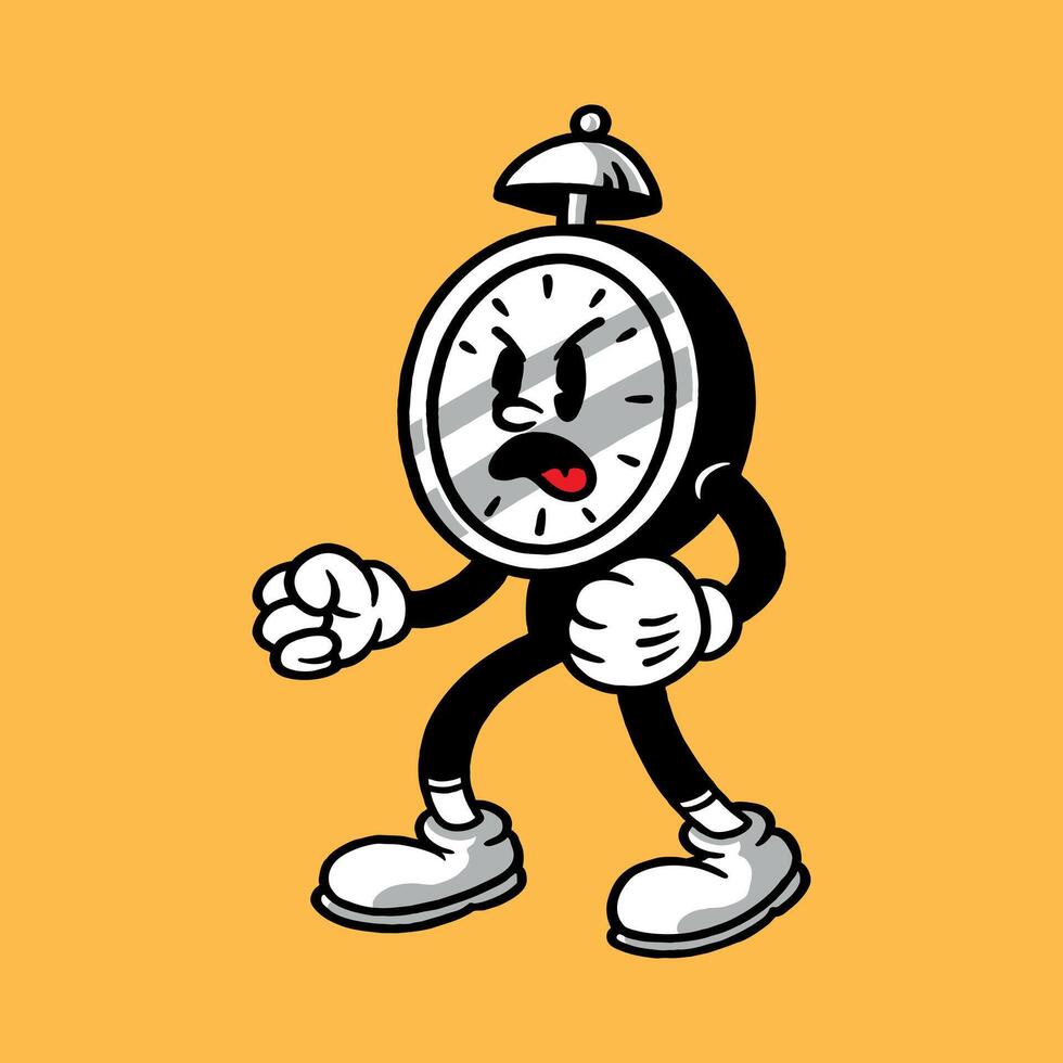 Hand drawn retro angry clock character vector