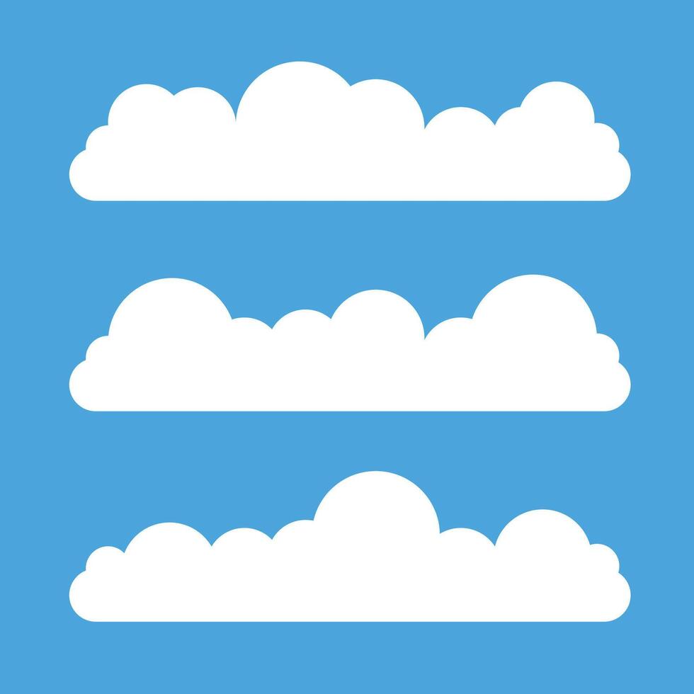 Flat cloud. Simple cloudy shapes. Cartoon white puffy, fluffy and cumulus clouds in blue sky. Abstract comic weather elements. vector