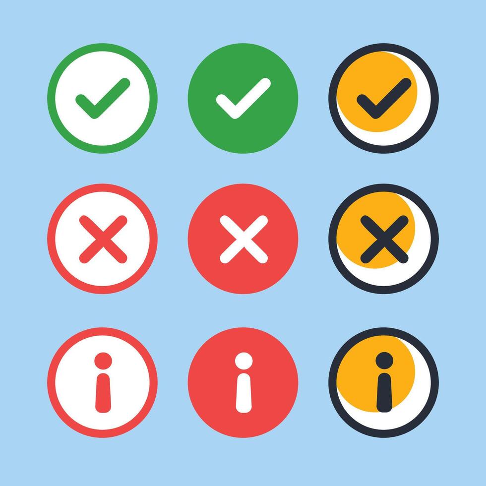 Check mark icon button set. Check, information, detailed information box icon vector