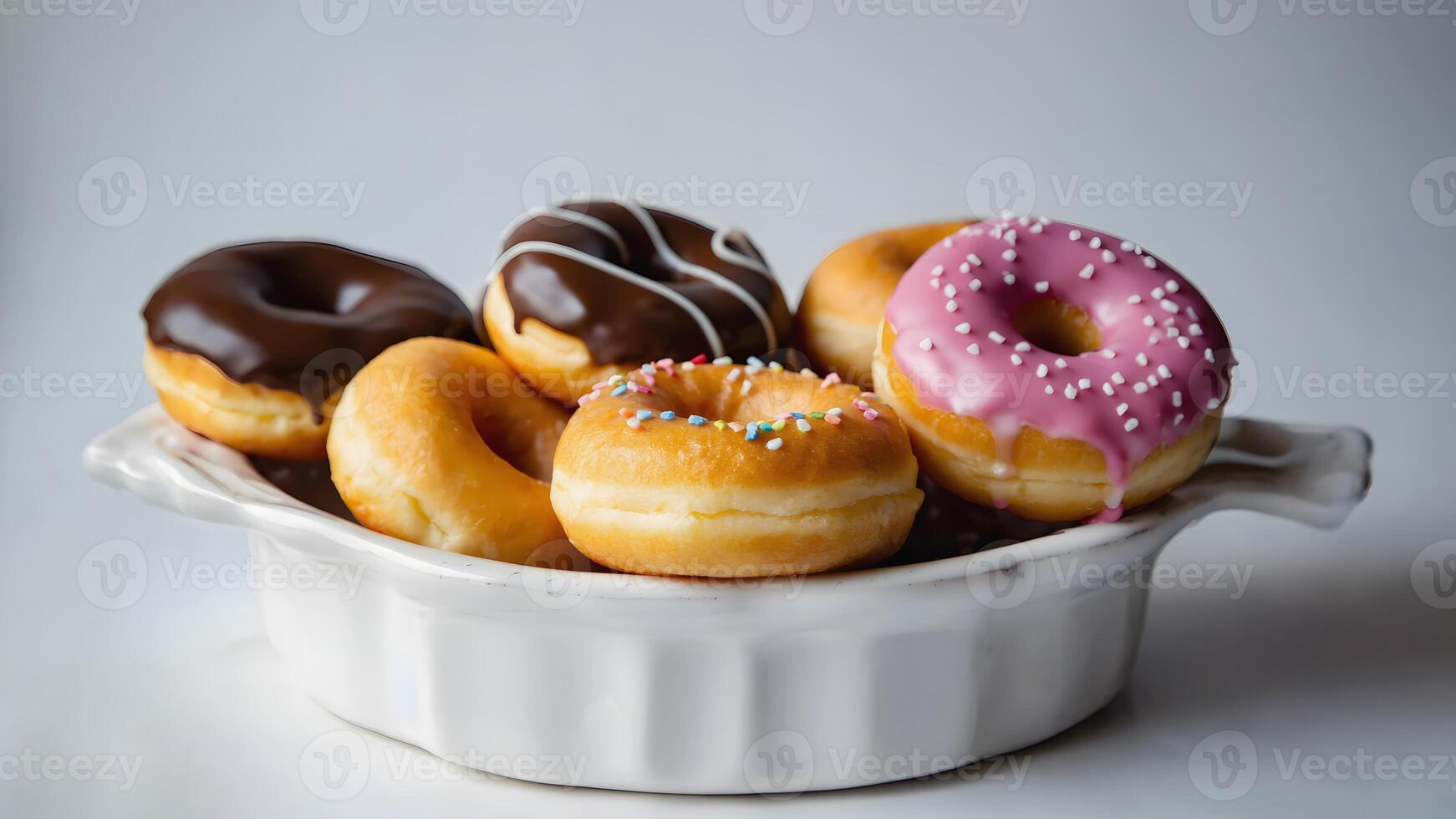 Assorted Colorful Donuts with Various Frostings and Sprinkles Neatly Arranged in a White Ceramic Bowl A Sweet and Tempting Dessert or Snack for Indulgence. photo