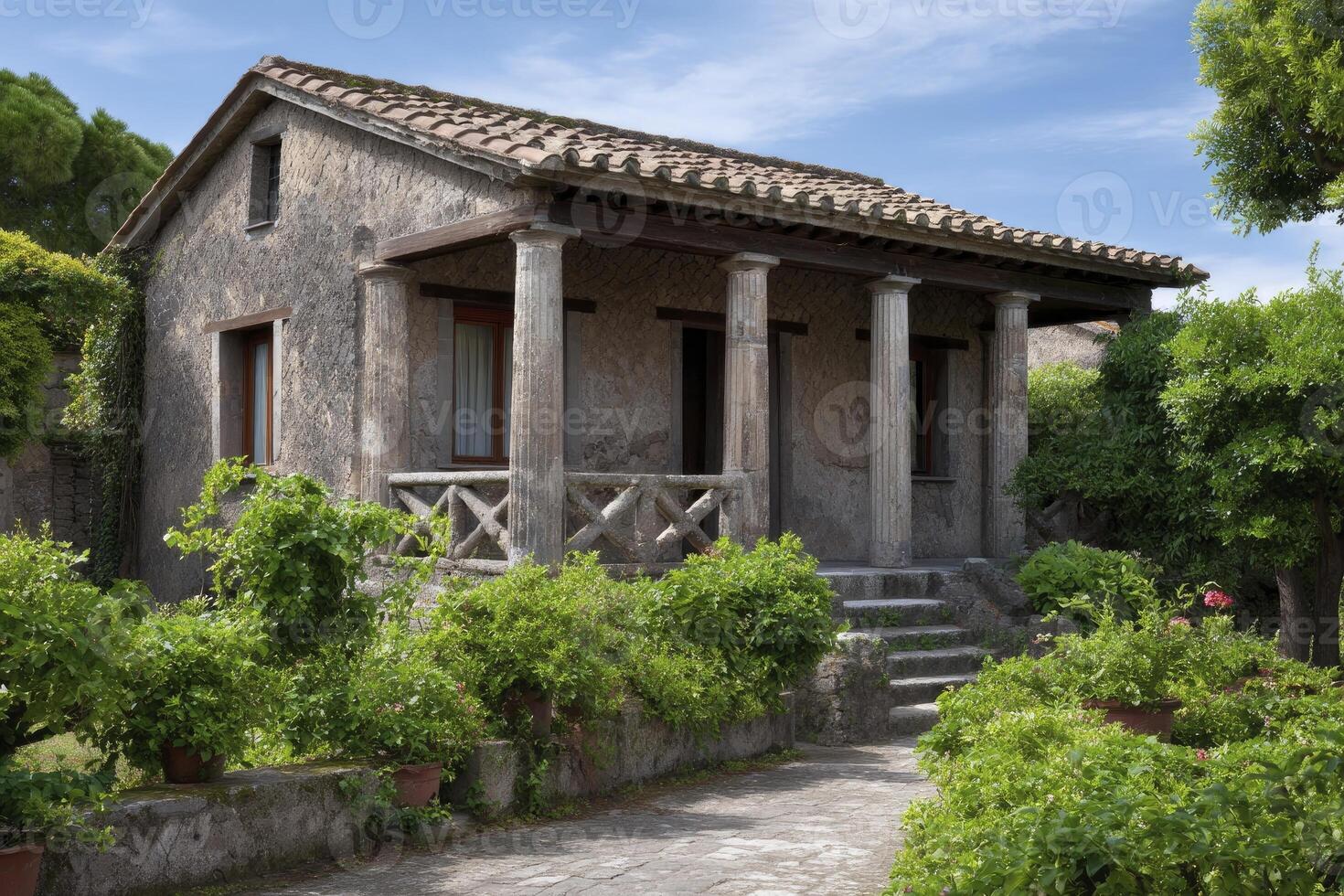 Ancient weathered building with classical columns, covered porch, and lush green foliage photo