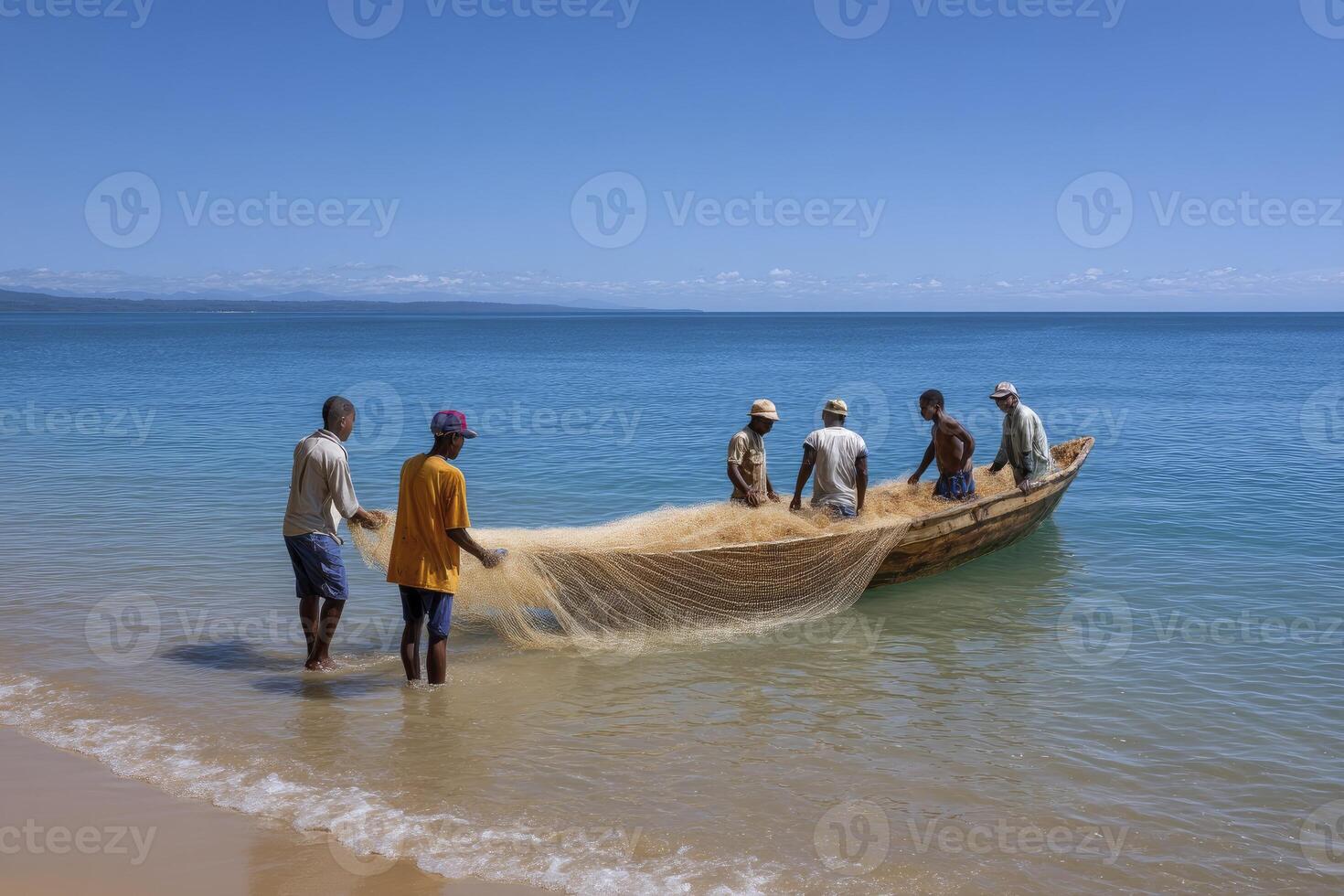 A group of fishermen pull a large net from a wooden boat, working together along the tropical photo