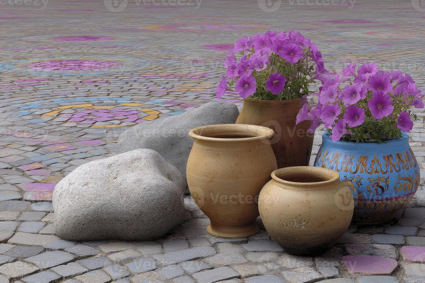 Collection of rustic clay pots and smooth stones arranged on a colorfully painted cobblestone photo