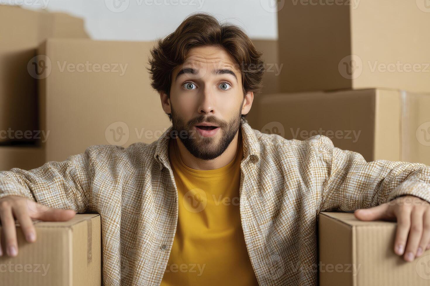 A surprised man surrounded by cardboard boxes expresses shock or disbelief during moving day process photo