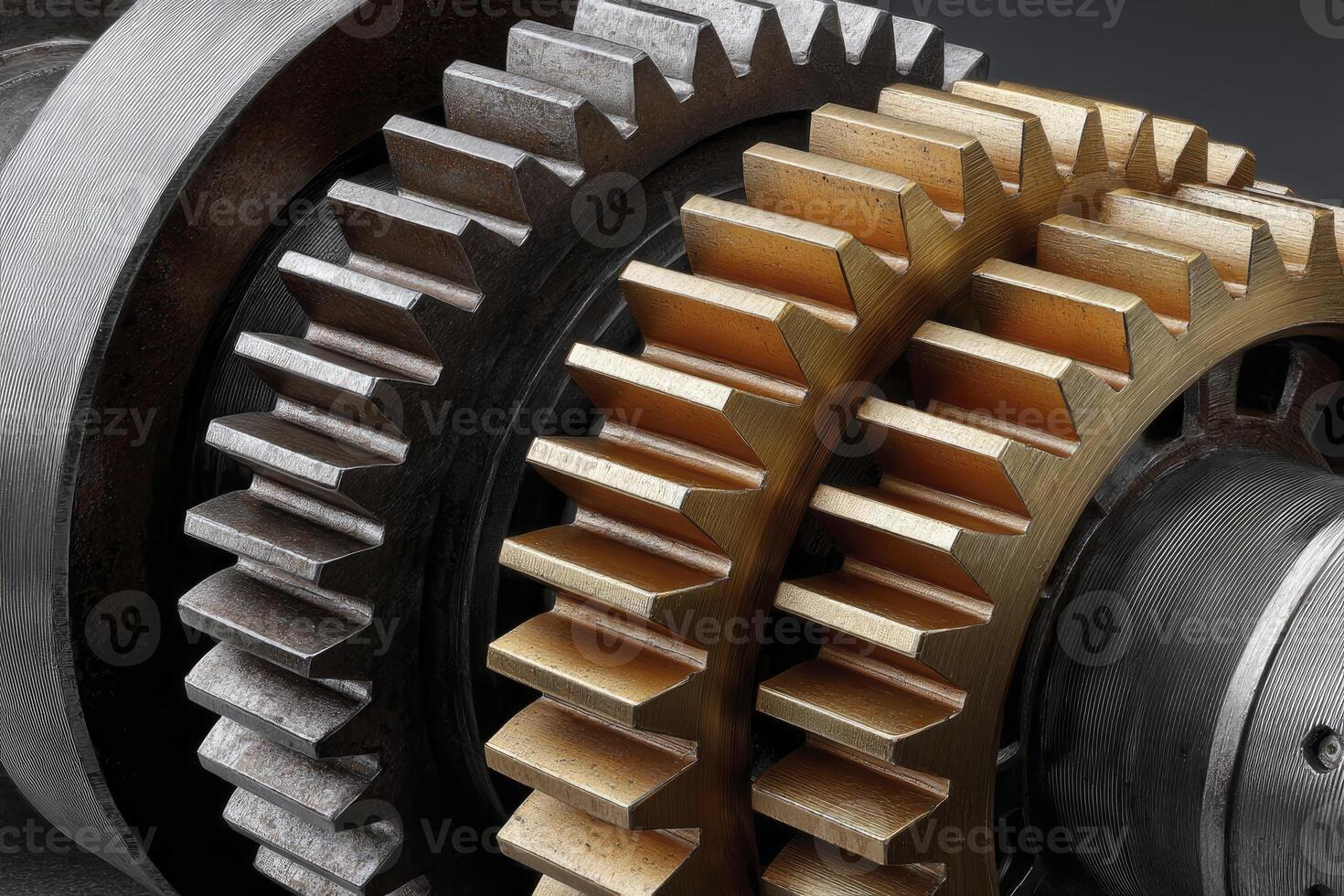 Close-up shows the interplay of interlocking gears, exhibiting industrial precision and mechanical photo