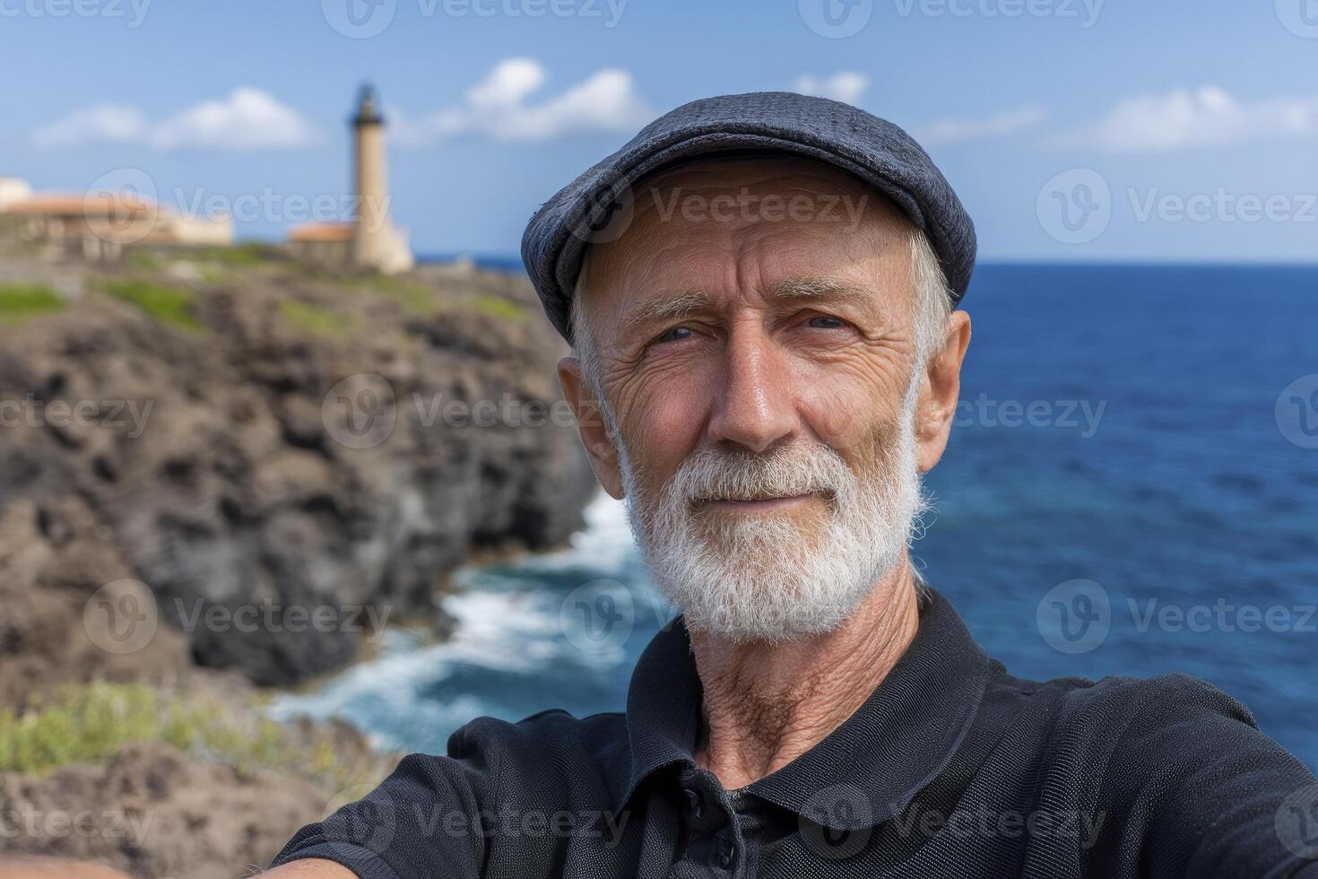 Portrait of an older man with white beard wearing cap against coastal landscape with lighthouse, photo