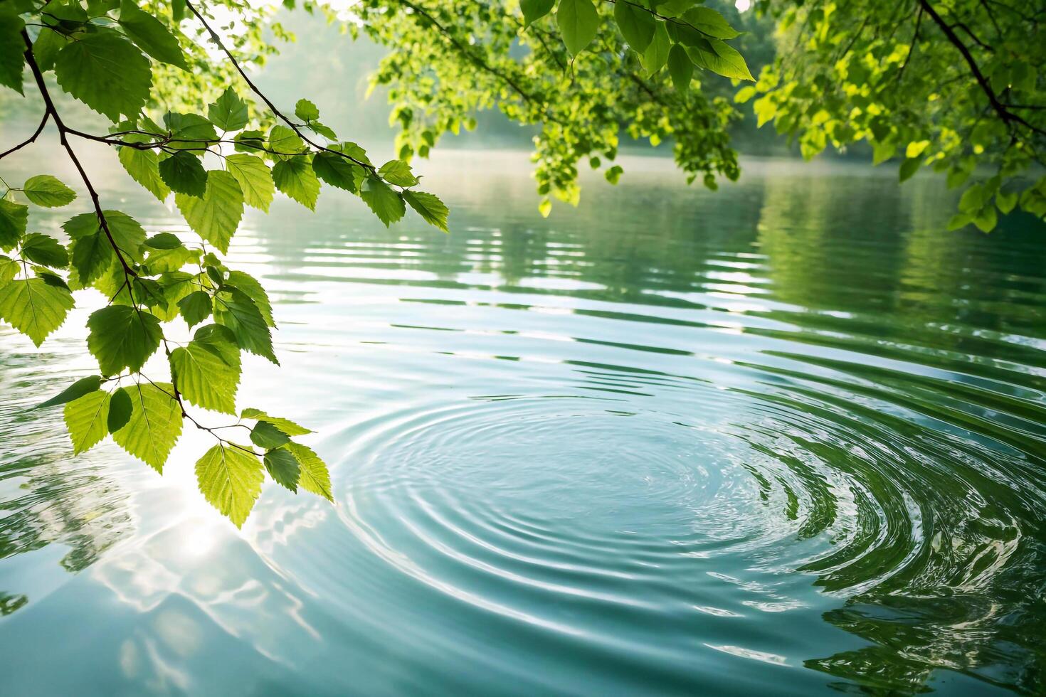 Tranquil surface of tropical water with natural leaf reflections, gentle ripples, and warm sunlight effects captured in high-resolution background design. photo
