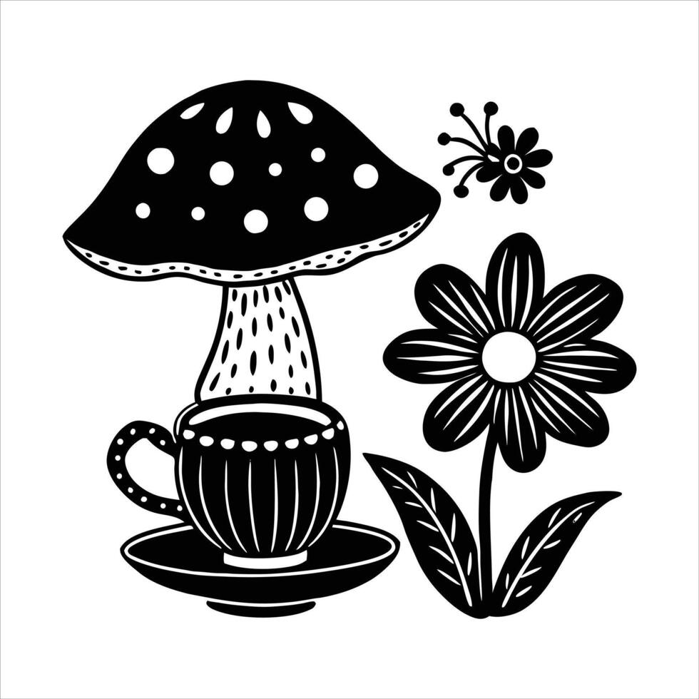 mushroom and flower in a tea party vector