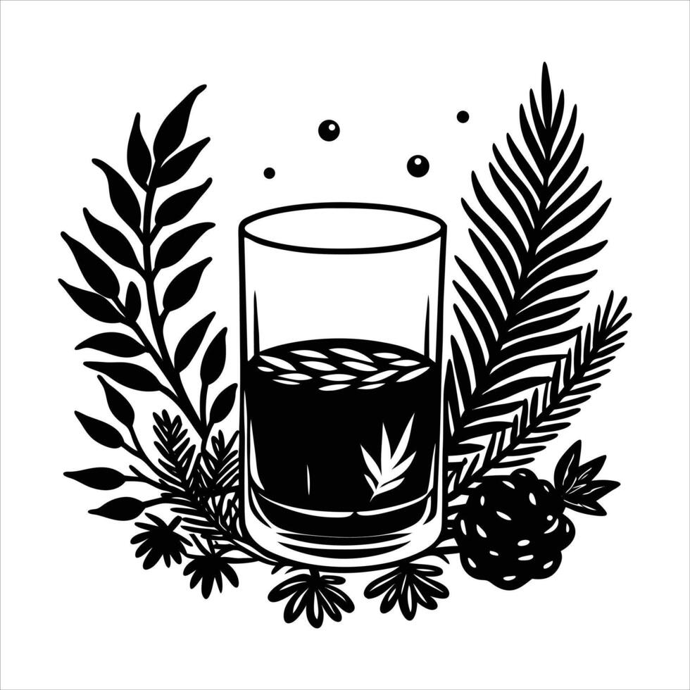 dram of whisky next to wild herbs vector