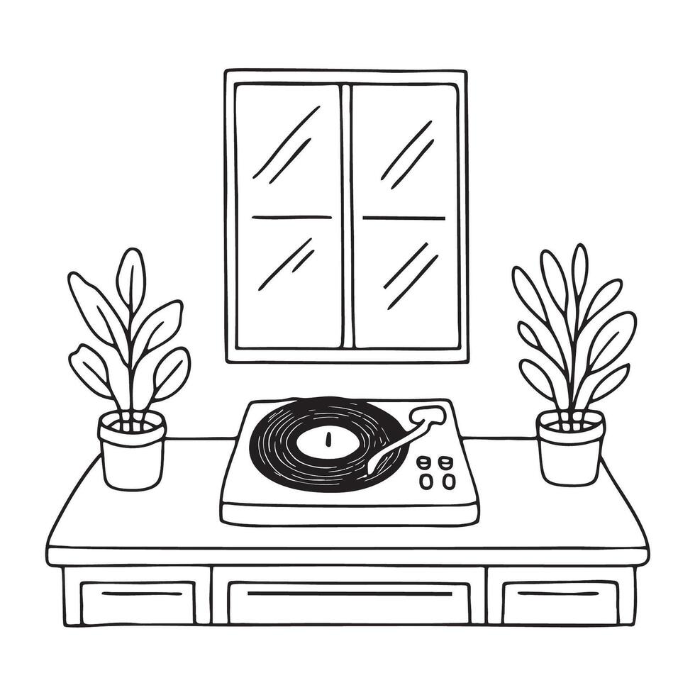 A turntable near a sunlit window and houseplants vector