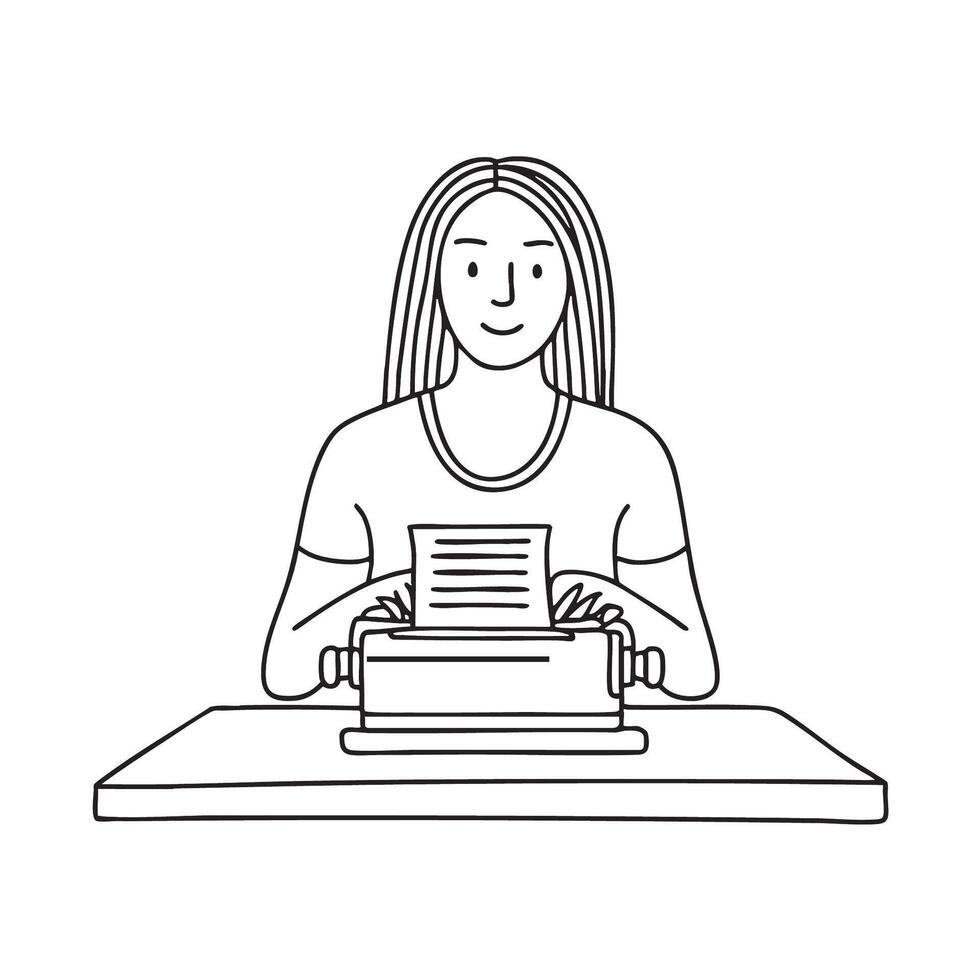 A person typing on a typewriter with paper inside, dynamic view vector