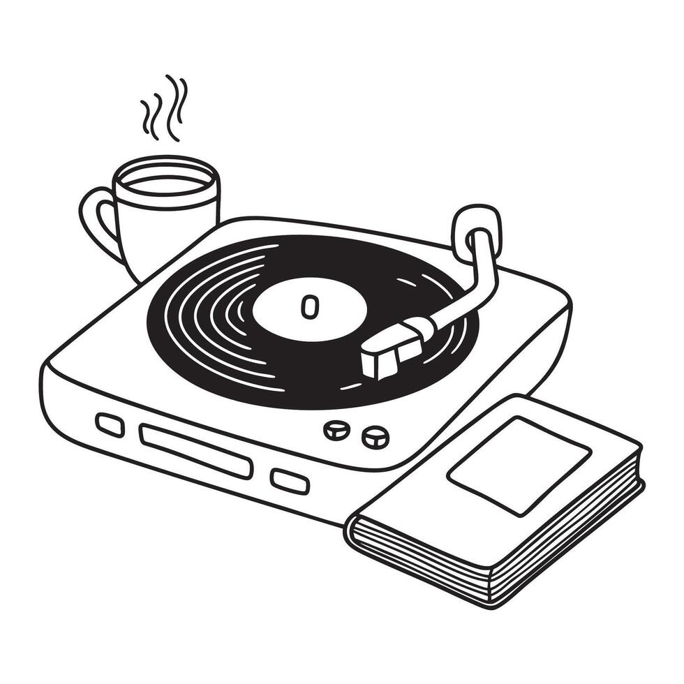 A turntable beside a cup of tea and a notebook vector