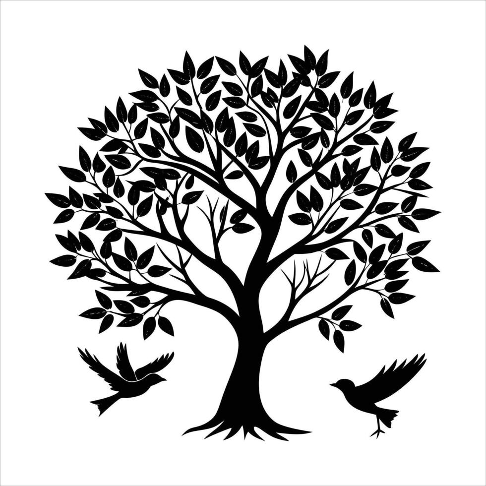 olive tree with birds nesting in branches vector