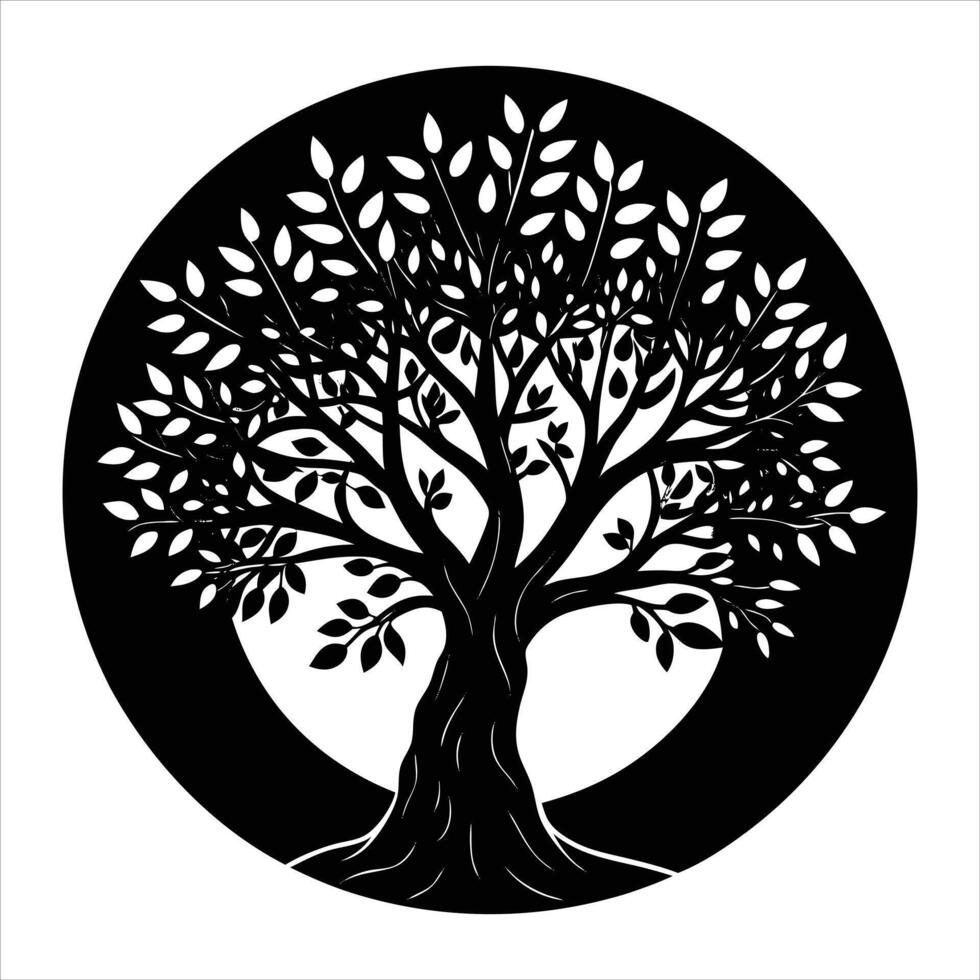 olive tree silhouette against moon knight vector