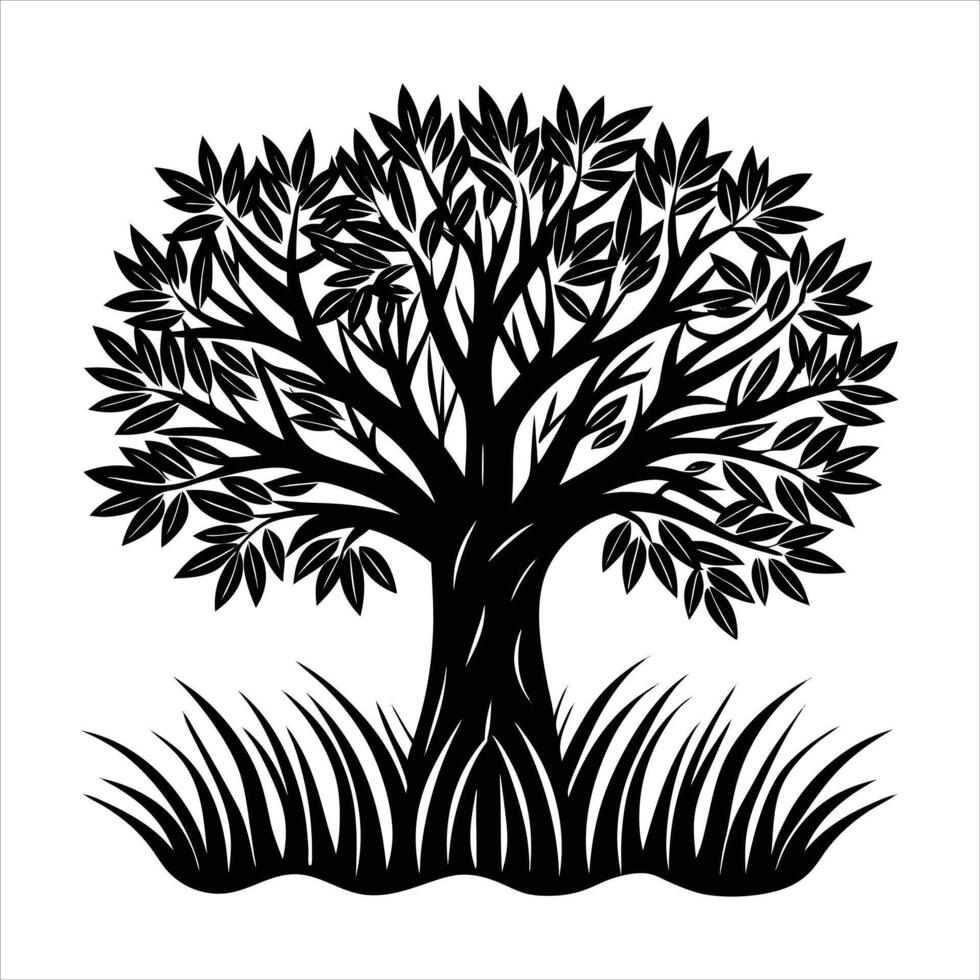 olive tree surrounded by tall grass vector