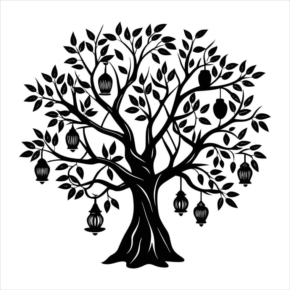 olive tree with lanterns hanging from branc vector