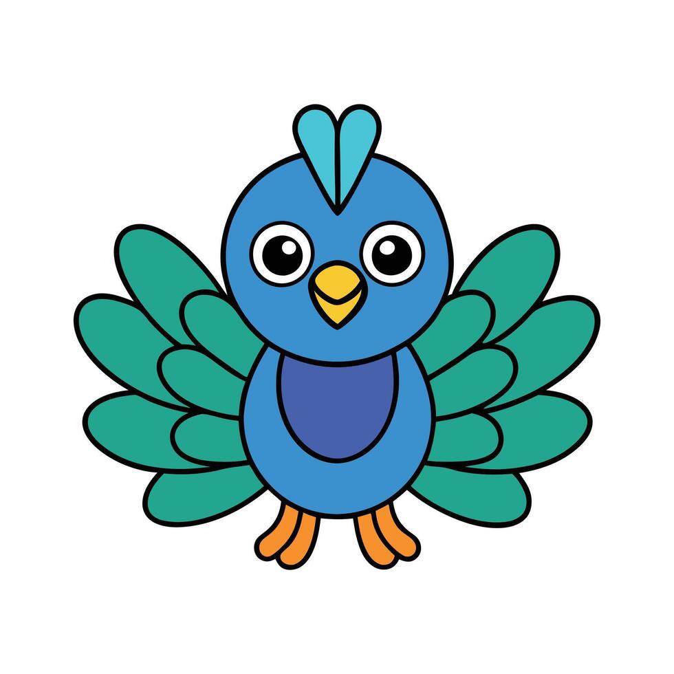 Colorful peacock cartoon bird character with feathers smiling happy face vector