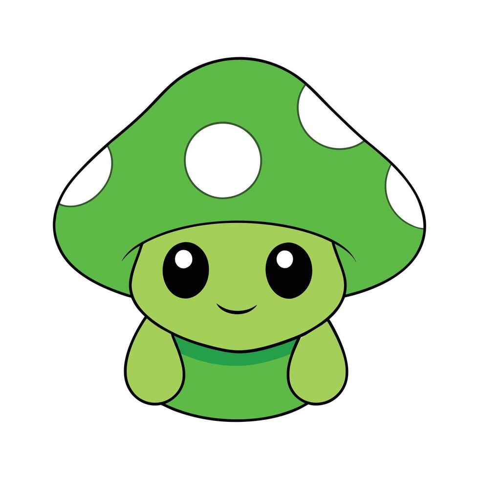 Smiling green mushroom cartoon character with big eyes and dots vector