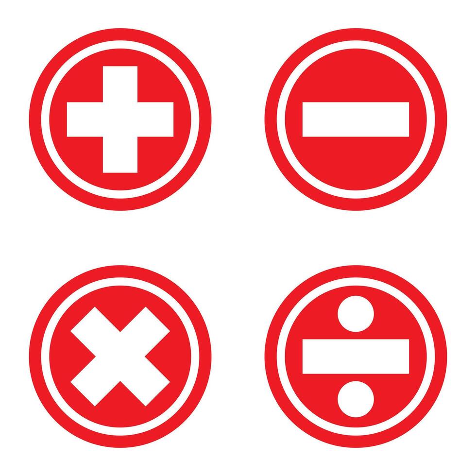 Red math symbol icons plus minus divide subtract add equal vector