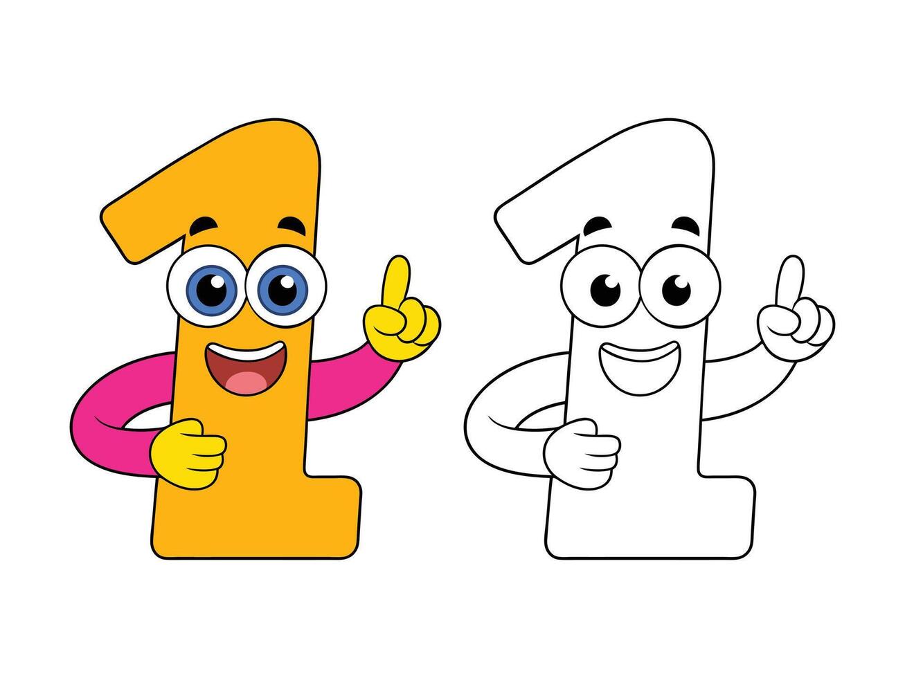Happy cartoon numbers character one with pointing math friend fun vector