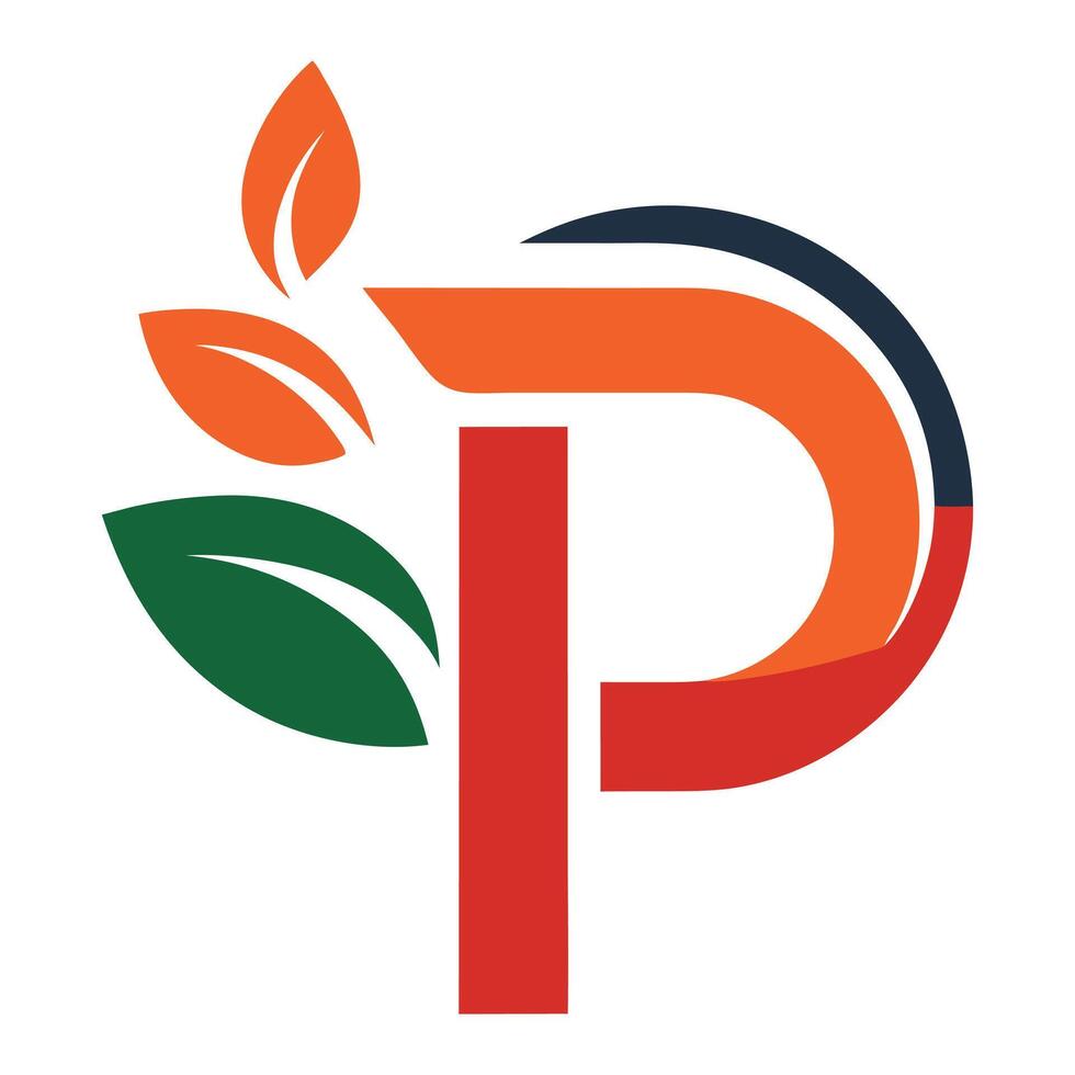 Letter P logo with leaves orange swoosh and green accent vector