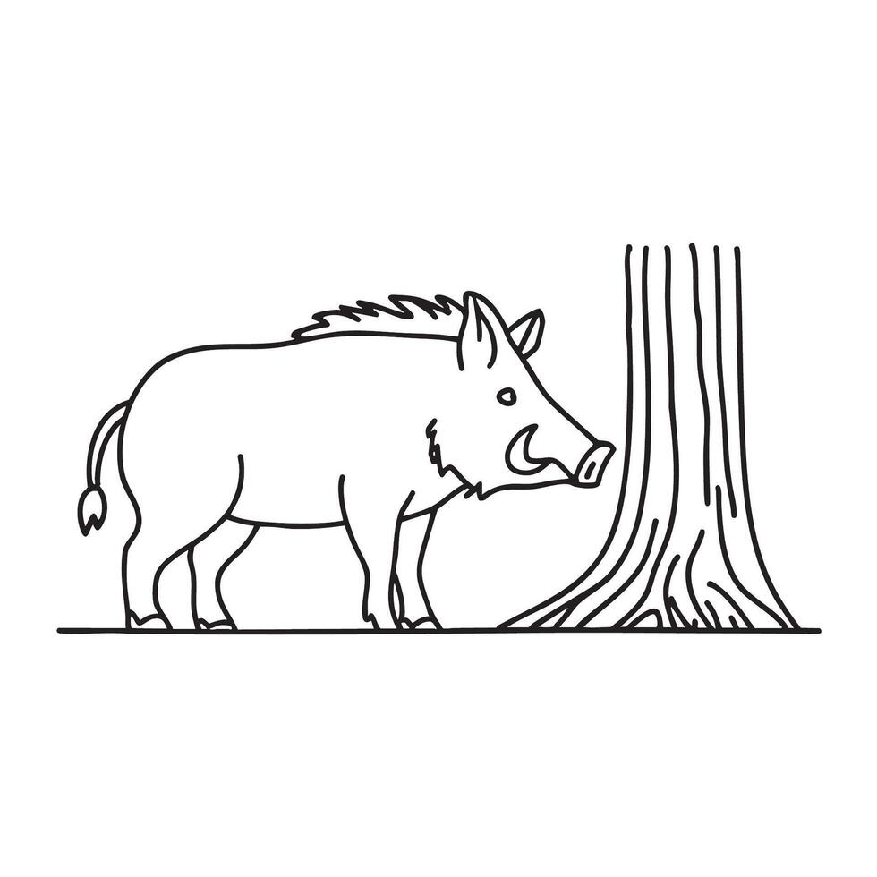 A boar with short tusks exploring near some tree roots vector