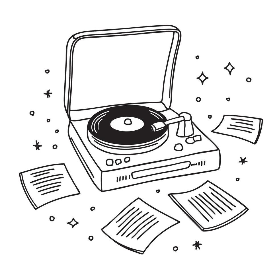 A turntable resting on the floor with vinyls spread around vector