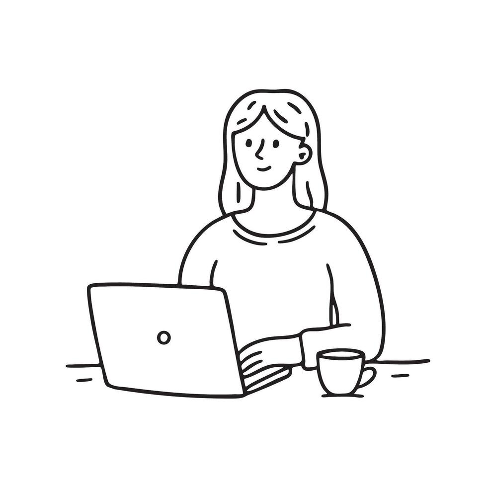 Laptop user typing with tea cup nearby vector