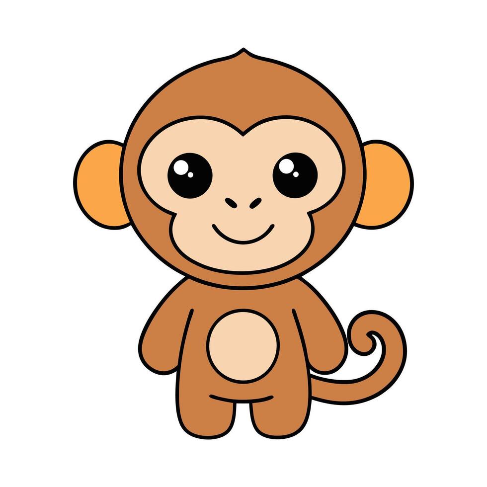 Happy cartoon monkey smiling face with curly tail jungle animal vector