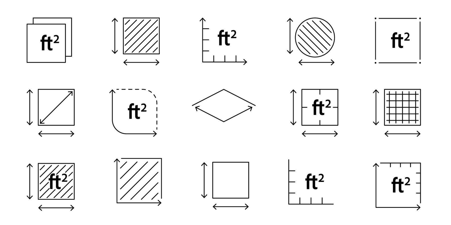 High quality outline icon with FT2 symbol. Square feet unit representation for room measurement, land area, or building space vector