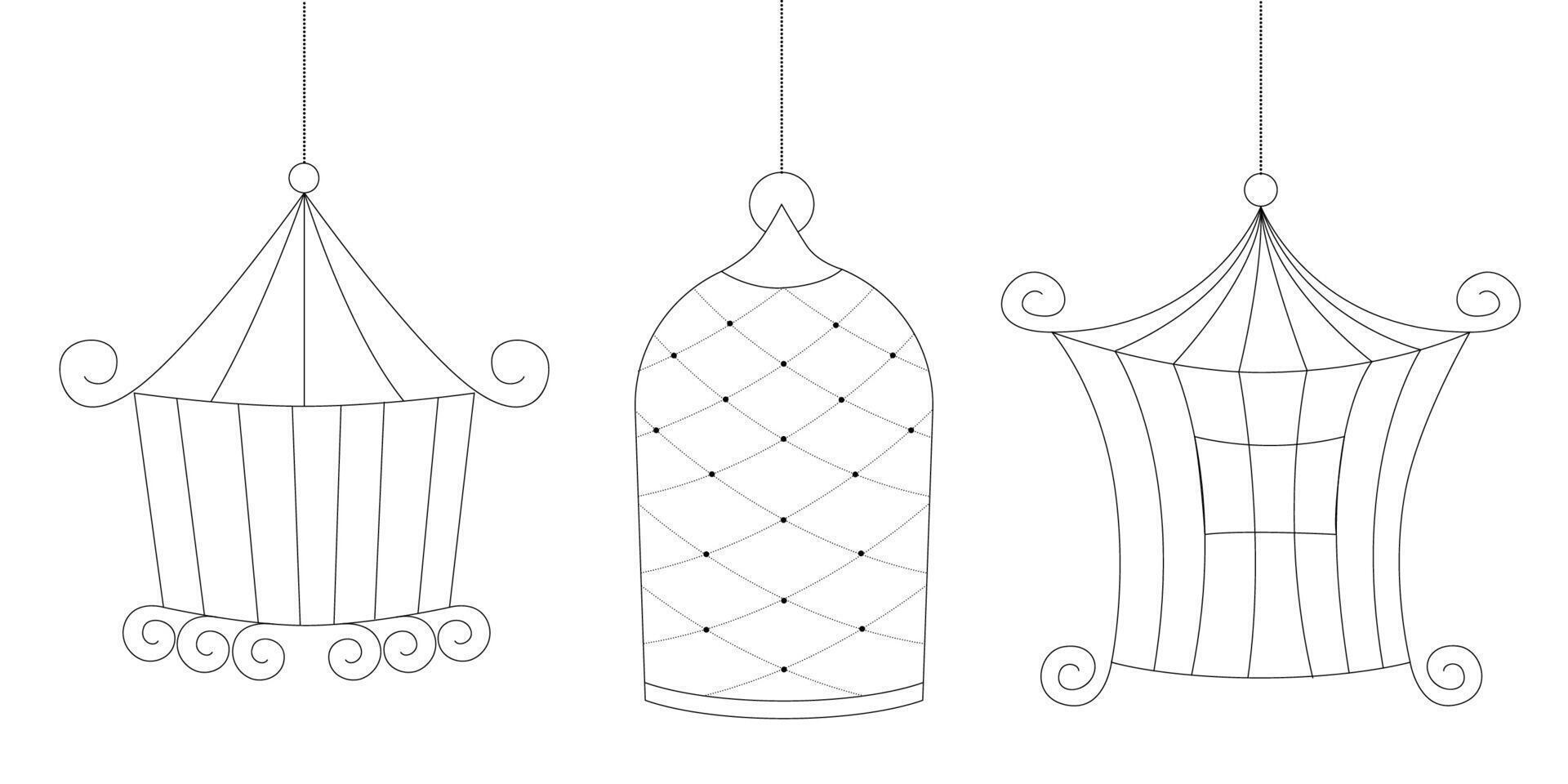 Line art sketch set of bird cages in doodle hand drawn style collection of metal cages for keeping birds at home different sizes isolated design vector