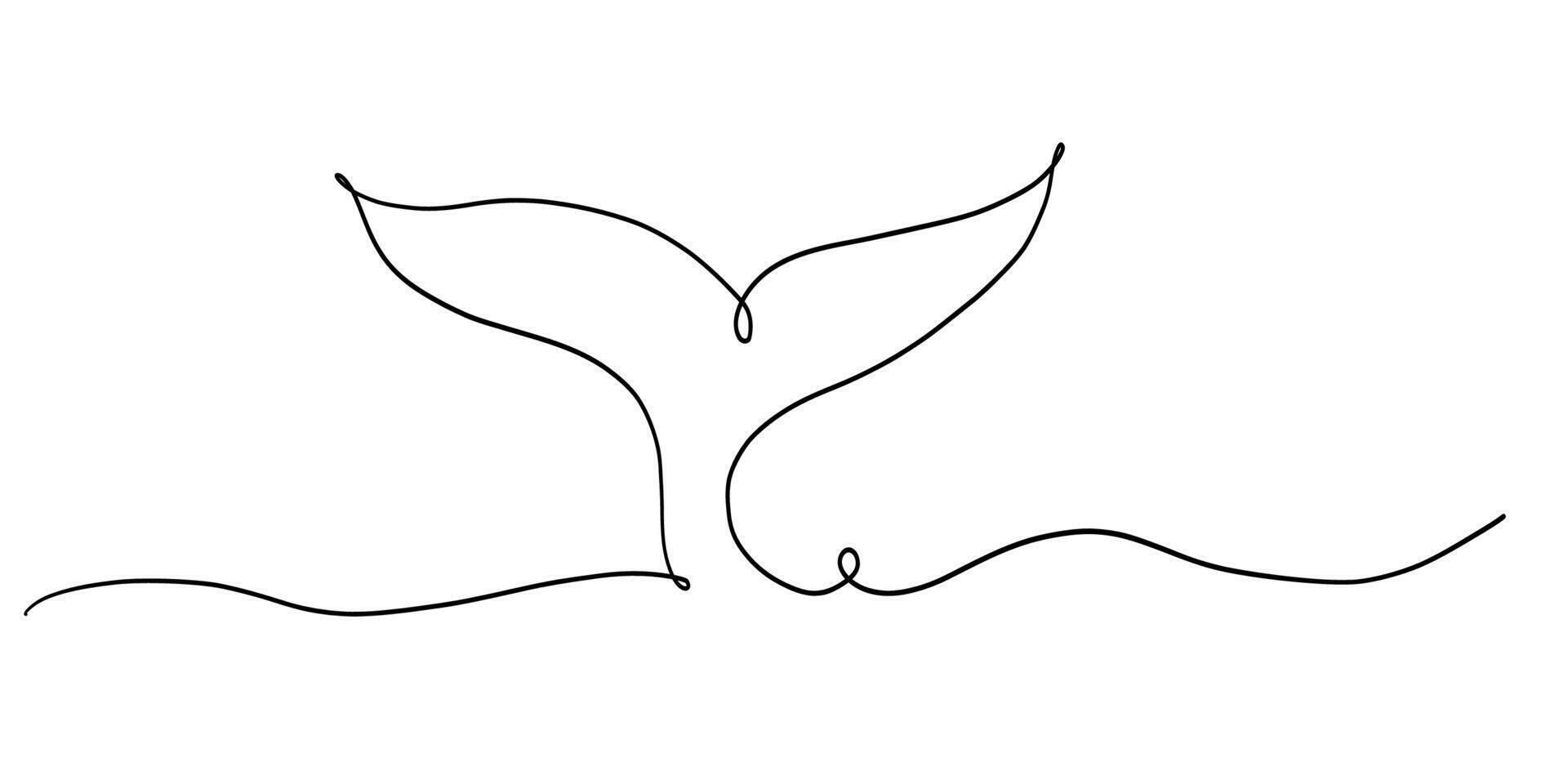 Continuous line whale tail drawing minimalist ocean outline illustration in black on white vector