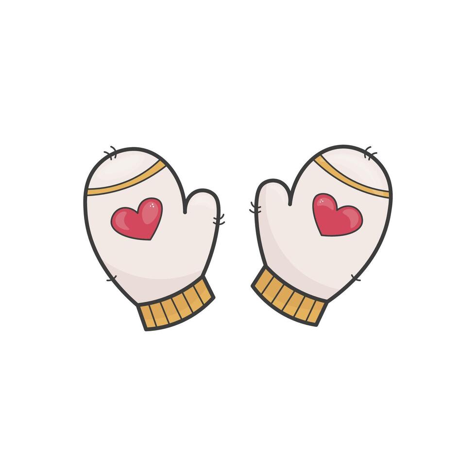 A cute doodle style illustration of winter mittens with heart designs and yellow cuffs. On a white background vector