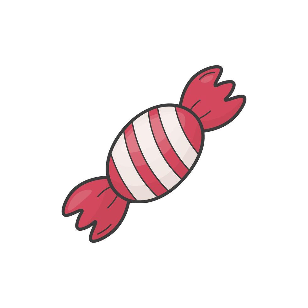 Cute hand-drawn red and white striped candy in doodle style. Perfect for Christmas decor, winter clipart, holiday patterns, and festive packaging. On white background. vector