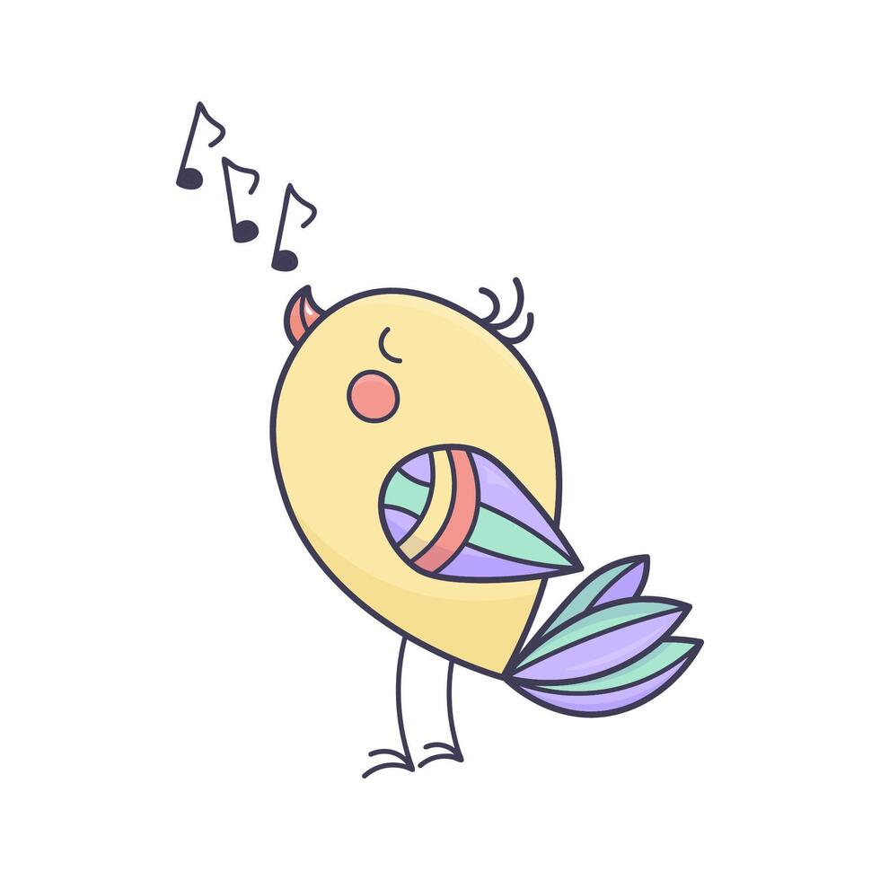 Cute singing bird in colorful doodle style on white background. Hand-drawn cartoon element for kids, prints, stickers, and spring design projects. vector