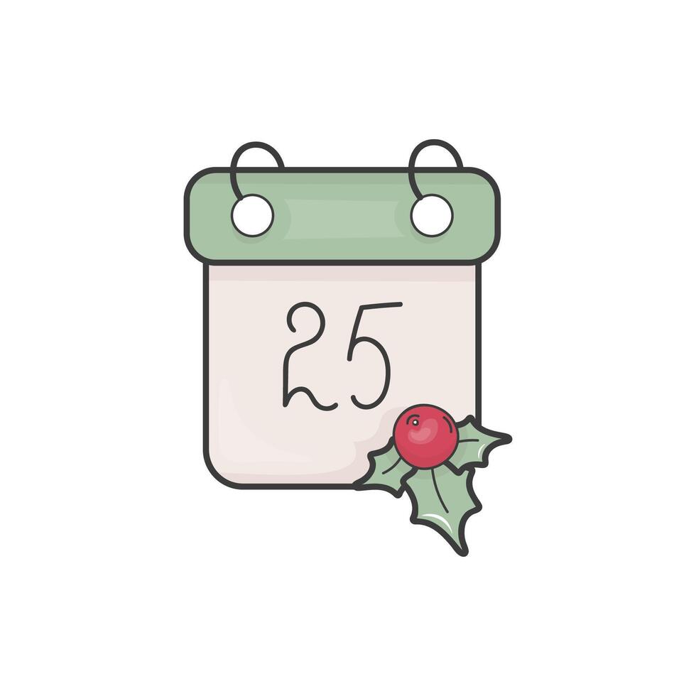 A doodle style illustration of a calendar page featuring the number 25 adorned with holiday decorations, including vibrant holly. vector