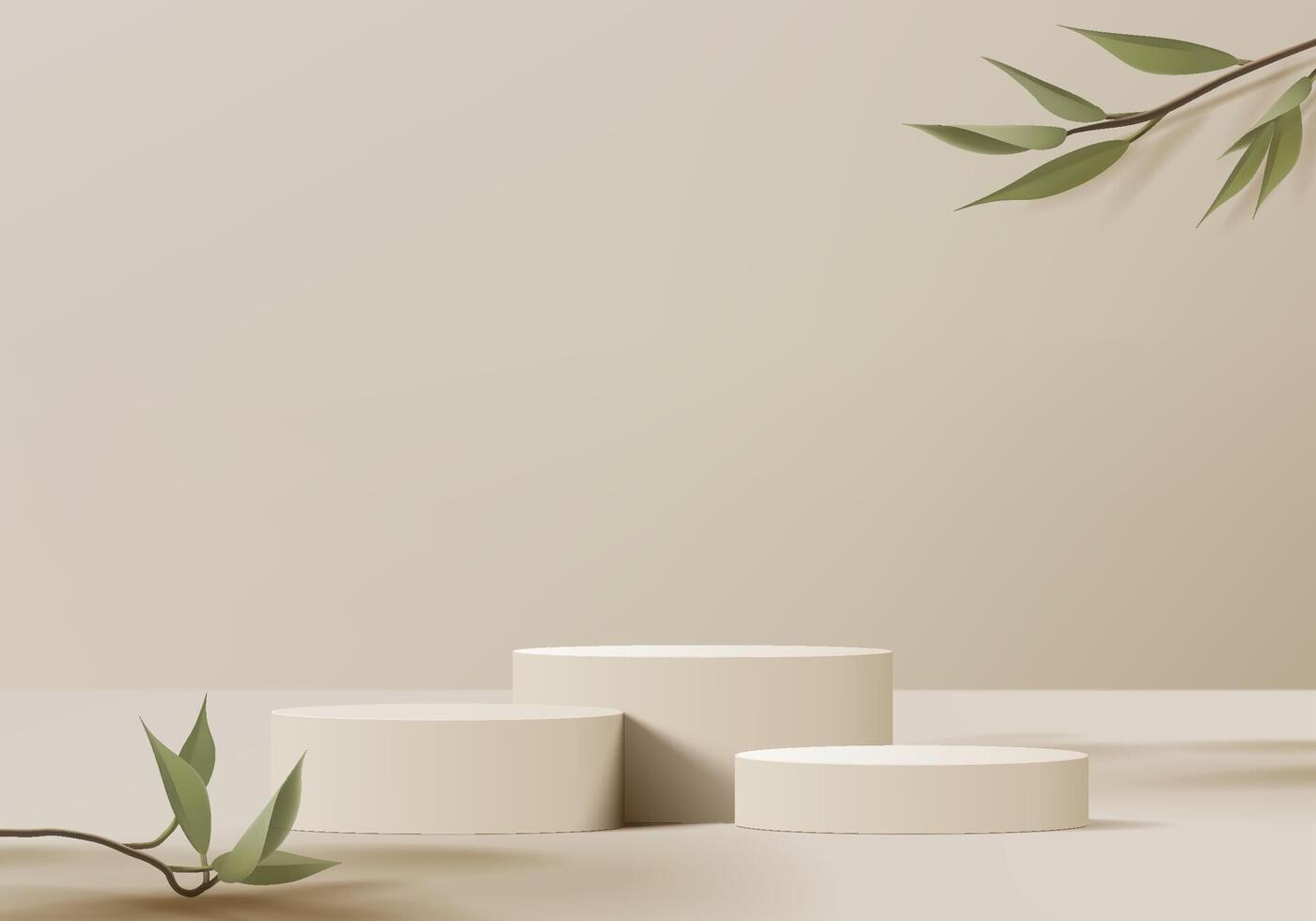 3d products display podium scene with palm leaf platform. background 3d render with podium. stand to show cosmetic products. Stage showcase on pedestal display biege studio vector