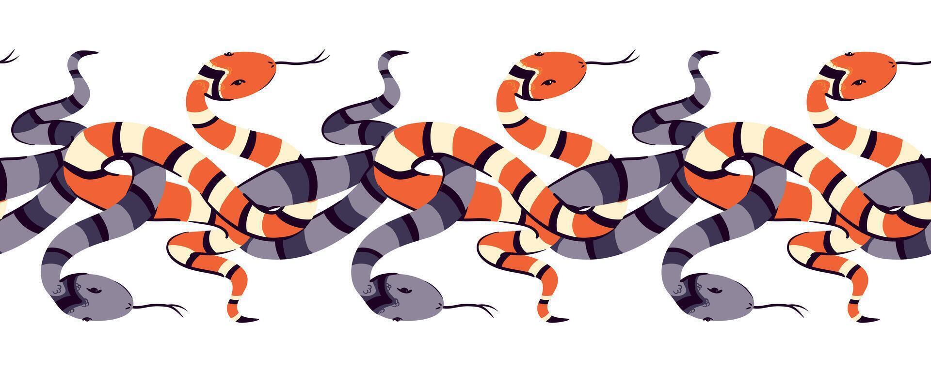 Horizontal seamless pattern of snakes with intertwined tails. illustration. Witch magic sign, symbol of wisdom and knowledge. Ancient symbol of occultism, magic, infinity, mysticism. vector