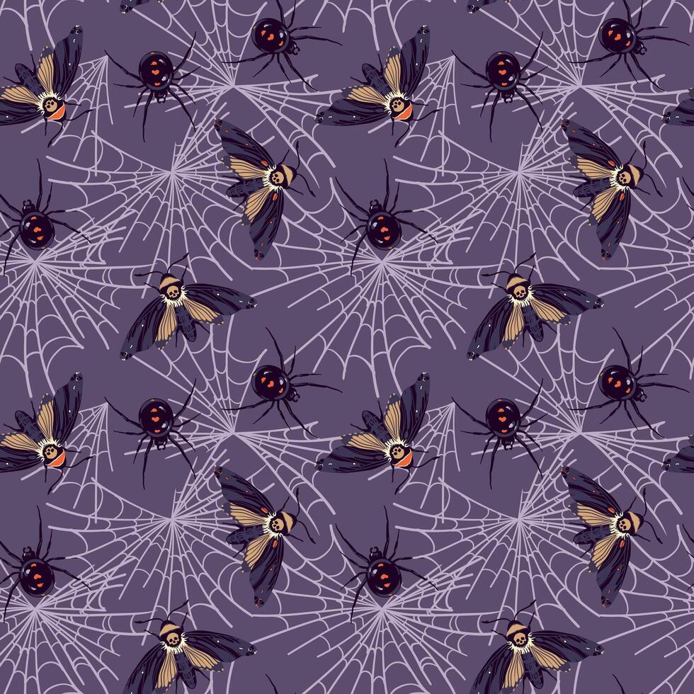 seamless pattern with black spider and butterfly in flat style. Widow Latrodectus occidentalis and Death's Head moth hanging on the web. Halloween background design. vector