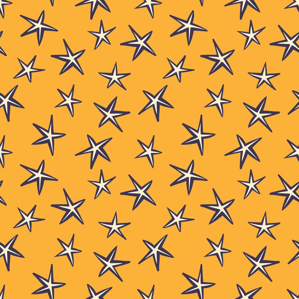 Seamless geometric black and white pattern. Abstract contours of stars on yellow background. illustration with brush for textiles, children's clothes, wrapping paper. vector