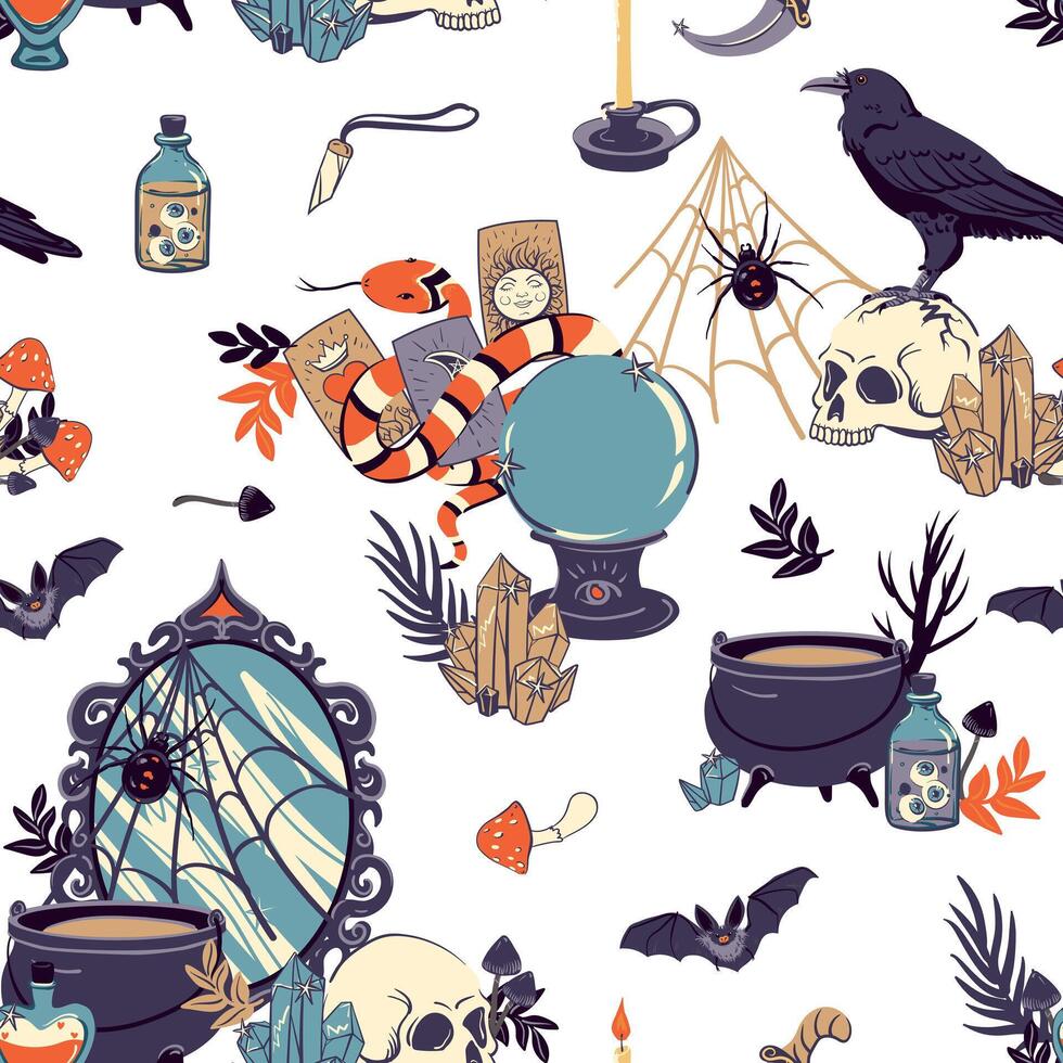 Seamless pattern with occult objects Witchcraft, astrological, esoteric, magic symbols background with mirror, cauldron, skull, potion, raven, snake, crystal, divination ball, snake, tarot card vector