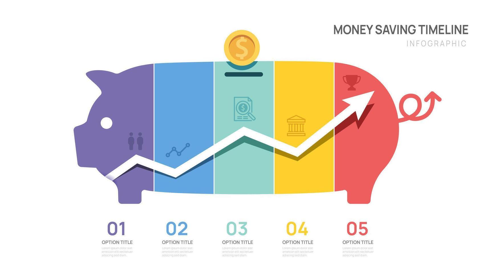 infographic template of piggy bank with five options and growing finance chart. vector