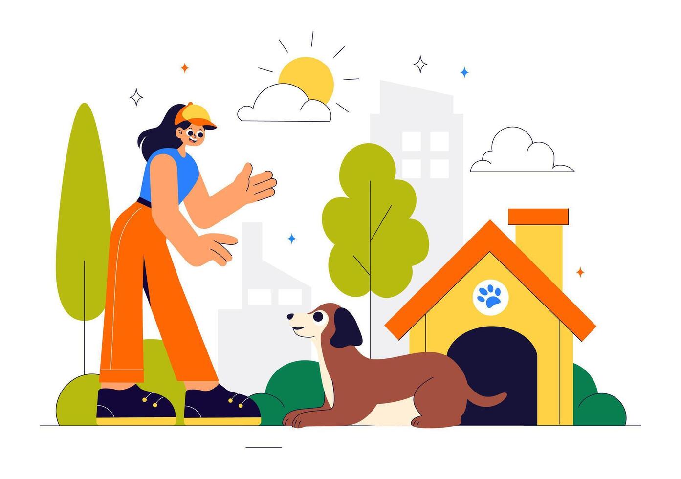 Pet Training Center Scene Featuring Dogs Learning Tricks and Jumps in a Flat Cartoon Background vector